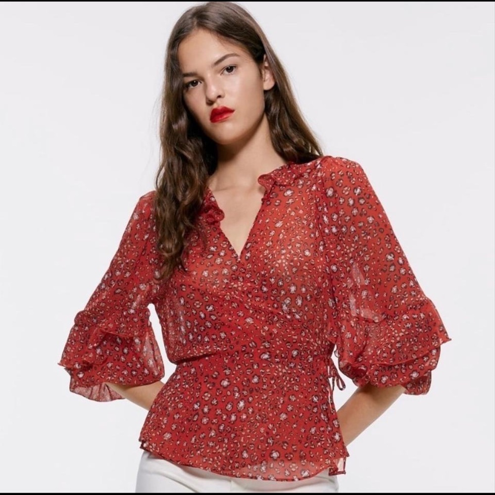 Zara | Red Leopard Print Sheer Wrap Top